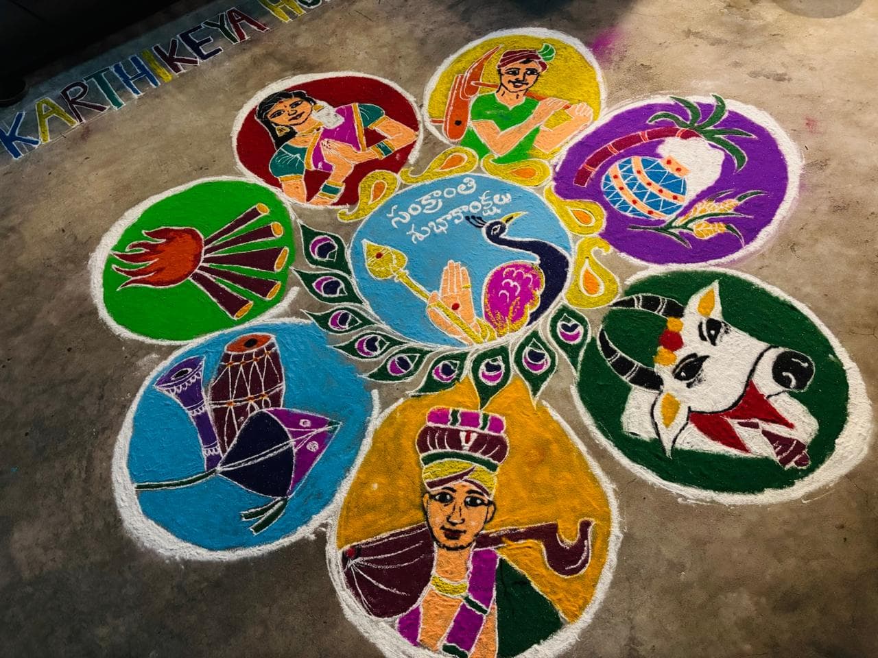 Detailed Sankranti rangoli celebrating local Telugu traditions